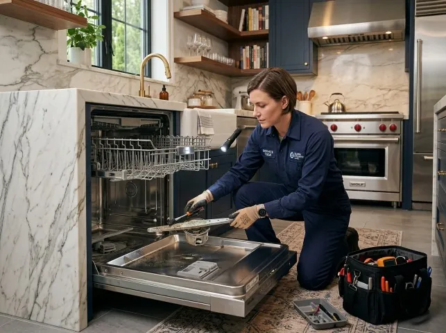 Appliance Repair Hero technician servicing a built-in dishwasher in a Boonton, NJ kitchen
