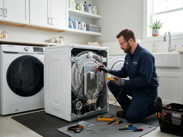 Appliance Repair Hero technician checking a dryer heating element with the rear panel off in Boonton, NJ