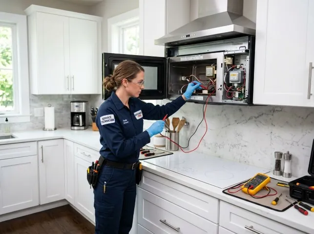 Appliance Repair Hero technician testing an over-the-range microwave in a Boonton, NJ kitchen