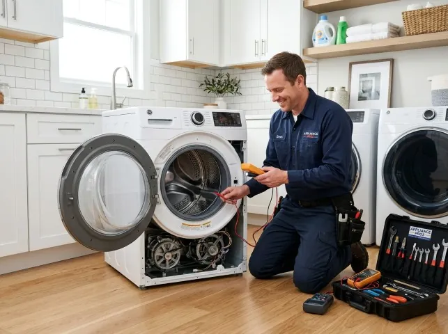 Appliance Repair Hero technician testing a front-load washer with a multimeter on a Boonton, NJ service call